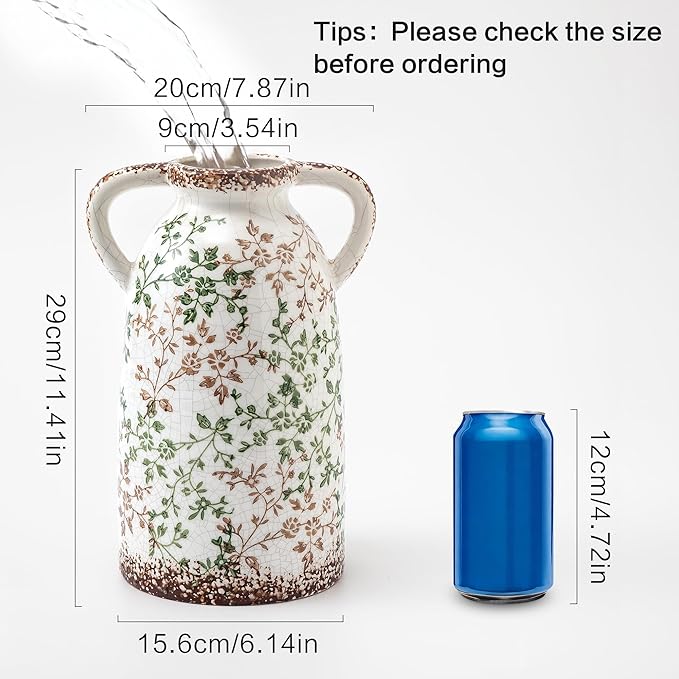 Enra Large Vintage Green and Beige Ceramic Chinoiserie Floral Vase, 11.2 Inch Rustic Decorative Flower Vase for Home, Living Room, Kitchen, or Office – Pastoral Retro Design