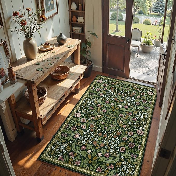 Moynesa Floral Green 4x6 Rug, Boho Washable Rugs for Living Room, Non Slip Soft Bedroom Area Rug, Botanical Ultra Thin Indoor Throw Carpet for Kitchen Entryway Bedside, Green