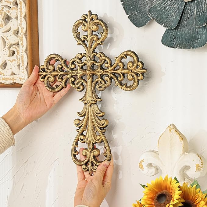 Sungmor Vintage Cast Iron Cross Wall Decor, 13.8" Tall Heavy Duty Rustic Gold Finish Wall Sculpture,Ornate Metal Art Farmhouse Home Decor