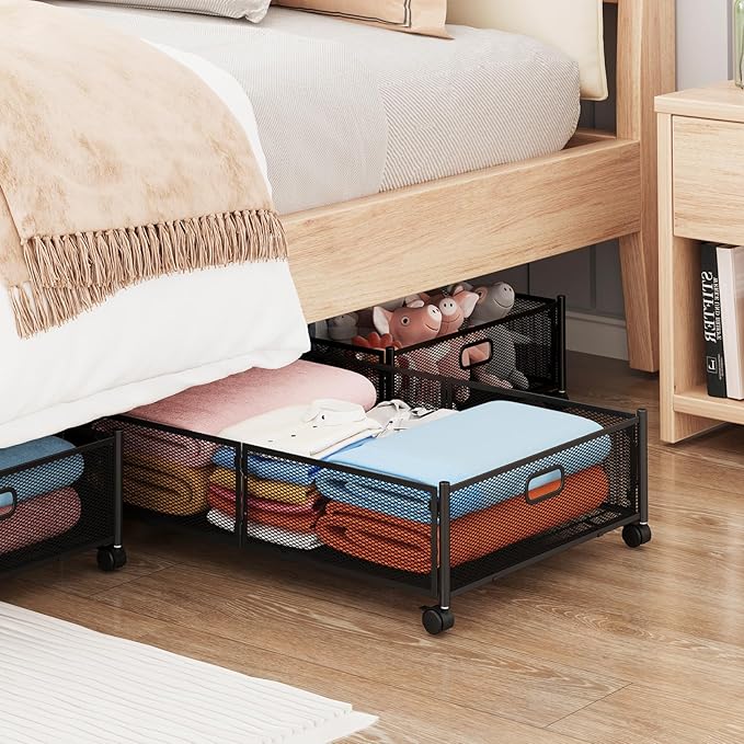 Under Bed Storage with Wheels, Foldable Metal Mesh Underbed Storage Container Bins, Tool-free Assembly Clothes Drawer Organizer,2Pack
