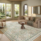 Washable Area Rug 8x10 - Vintage Floral Living Room Rug for Dining Room (Under Table), Bedroom - Stain Resistant, Soft Low Pile, Non-Slip Large Carpet