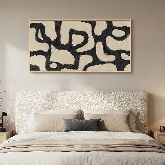 Framed Abstract Neutral Horizontal Wall Art Bedroom, Black Beige Mid Century Modern Artwork for Walls, Large Abstract Canvas Painting Print for Living Room Hallway Home Office Wall Decor, 20x40 Inch