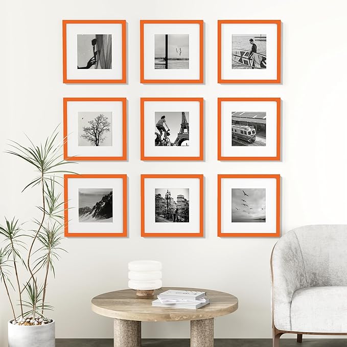 Vittanly 12x12 Picture Frames Set of 9, Shatter Resistant Plexiglass, Display 8x8 Pictures with Mat or 12x12 without Mat, Photo Frames for Wall Mount, Engineered Wood, Orange