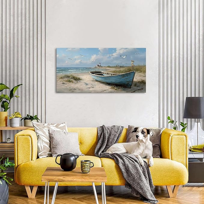 Coastal Wall Art Beach Wall Decor Nautical Ocean Canvas Picture Nature Seaside Boat Seascape Prints Painting Bathroom Decor Rustic Beach Scenery Artwork Living Room Bedroom Office Decoration 20x40"
