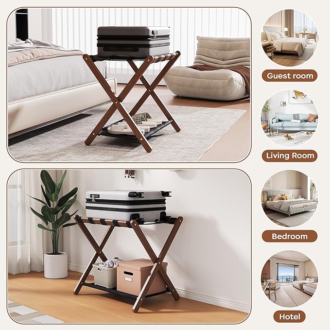 26.77" Full Assembled Luggage Rack for Guest Room, Set of 2 Bamboo Foldable Suitcase Stand, Bedroom & Hotel, Folding Luggage Holder with 5 Nylon Straps, 600D Oxford Fabric Shelf Walnut