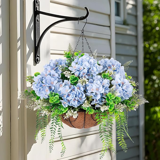Artificial Hanging Hydrangea Flowers with Basket for Outdoor Spring Decoration, Fake Silk Hydrangea Flower Outdoor Indoor Arrangements, Fake Hanging Plants for Balcony Garden Yard Decor(Blue)