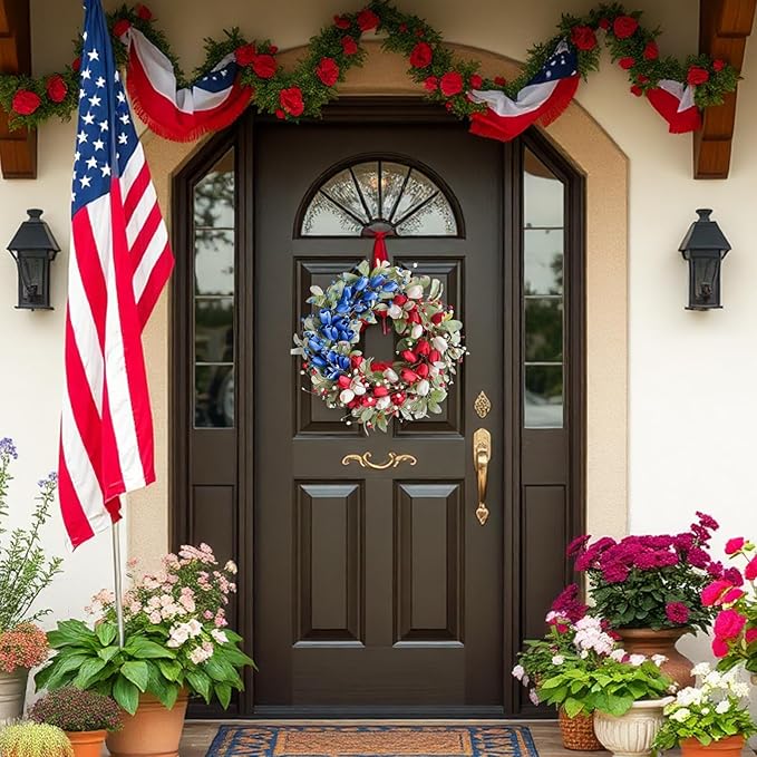 22" Tulip Flower Patriotic Wreaths Red White Blue Decor Memorial Day Independence Day 4th of July Flag Day Wreaths