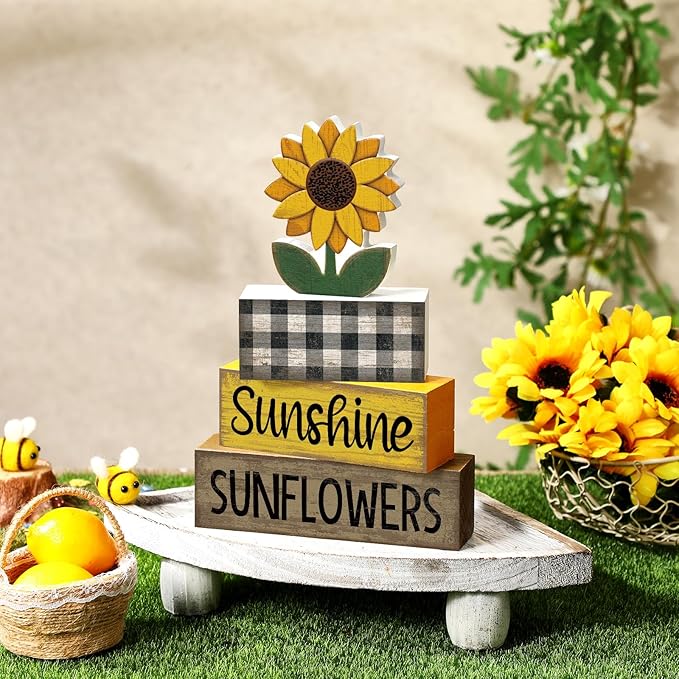 Yuntau 4 Pcs Sunflower Decorations Sunflower Wooden Sign Sunshine Table Centerpiece Summer Tiered Tray Decor Decorative Faux Book Stack Block for Coffee Table Fireplace Mantel Shelf Kitchen