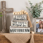 Yuntau 4 Pcs Farmhouse Wooden Tabletop Decor Rustic Retro Wood Bead Garland I Still Remember the Days I Prayed for What I Have Now Block Sign Neutral Centerpiece Sign for Tiered Tray Home Shelf Mantle