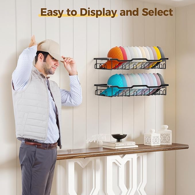 Nicetree Hat Racks for Baseball Caps Wall - Metal Hat Organizer for 48 Baseball Caps Holder, 2 Pack Hat Storage Organizer for Closet, Bedroom, Living Room Black