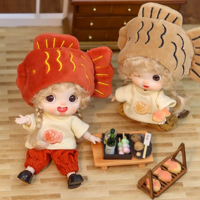 BJD Blind Box Cute Figures, Collectible Poseable OB11 Doll with 1/12 Scale Removable Clothes，Surprise Gift Single Random Mystery Box-Japanese Foodie Fun Series
