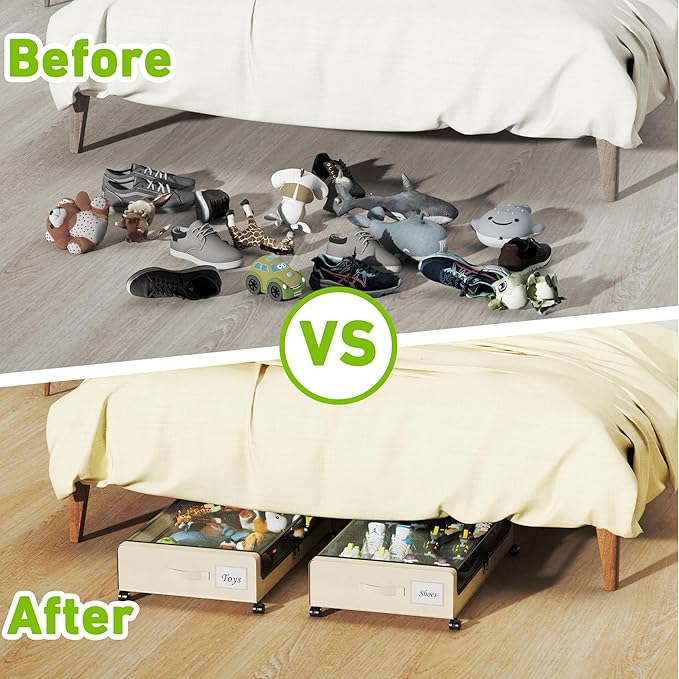 Under Bed Storage with Wheels, XXL 60L Under the Bed Storage Bins, Underbed Storage Containers with Lids & Label, Rolling Metal Drawer for Shoes, Clothes, Books, Toys (4-Pack Beige)