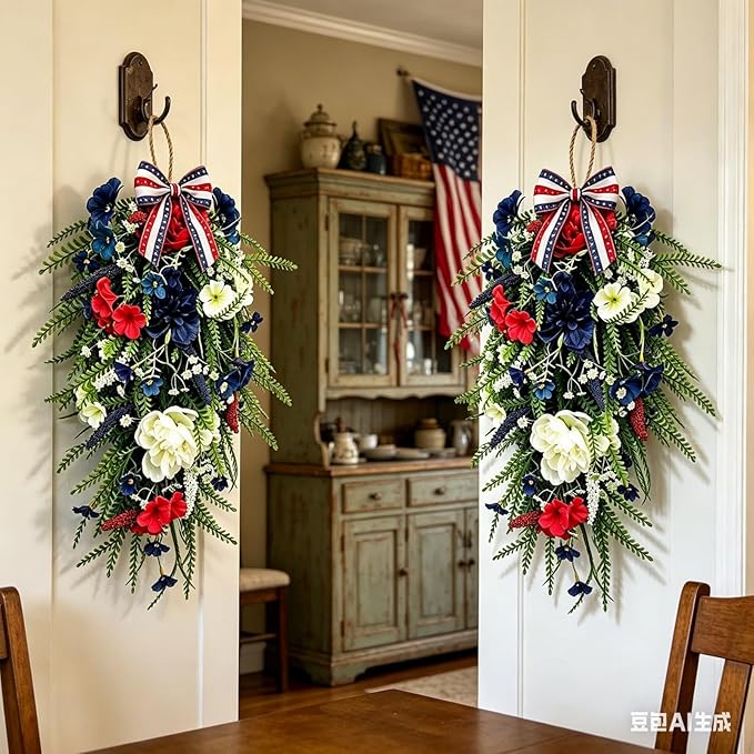 2 Pack 21'' Patriotic 4th of July Teardrop Swag Wreaths Independence Day Patriotic Floral Swag with Artificial Flowers and Fern Leaves Hanging Wreath for Double Front Doors Porch Window Wall Farmhouse