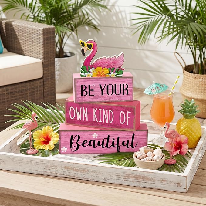 Lineshading 4 Pcs Summer Table Decor Wooden Pink Flamingo Tropical Tiered Tray Decor Pink Summer Centerpieces Rustic Wood Flamingo Block Signs for Home Kitchen Office Decorations