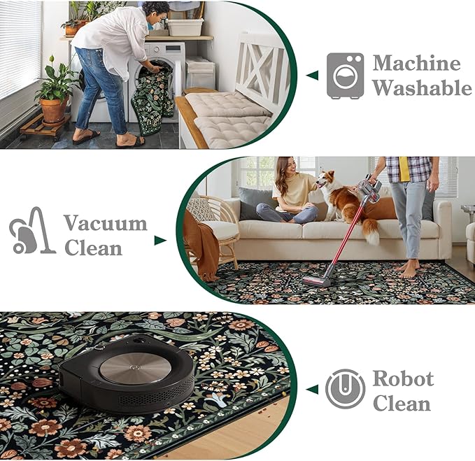 Moynesa Floral 5x7 Living Room Area Rug, Soft Washable Rugs for Bedroom, Non Slip Ultra Thin Boho Rug Botanical Stain Resistant Floor Carpet for Dining Room Home Office, Black