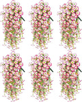 Artificial Hanging Flowers for Outdoors, 6 PCS Silk Morning Glory Artificial Flowers with Eucalyptus Leaves, UV Resistant Fake Flower Realistic Faux Plants for Home Patio Porch Garden, White+Pink