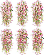 Artificial Hanging Flowers for Outdoors, 6 PCS Silk Morning Glory Artificial Flowers with Eucalyptus Leaves, UV Resistant Fake Flower Realistic Faux Plants for Home Patio Porch Garden, White+Pink