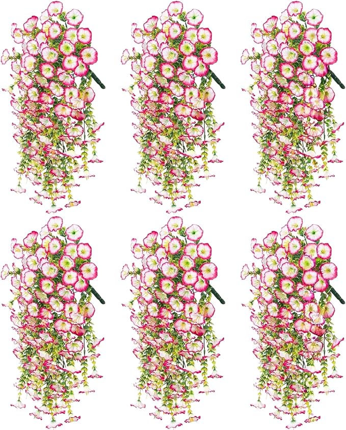 Artificial Hanging Flowers for Outdoors, 6 PCS Silk Morning Glory Artificial Flowers with Eucalyptus Leaves, UV Resistant Fake Flower Realistic Faux Plants for Home Patio Porch Garden, White+Pink