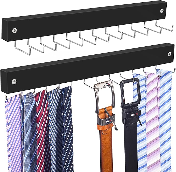 2 Pack Tie Organizer Belt Organizer Wall Mounted, Space Saving Tie Rack Belt Hanger for Closet with 24 Storage Hooks, Belt Tie Holder for Closet Organizer Storage（Black