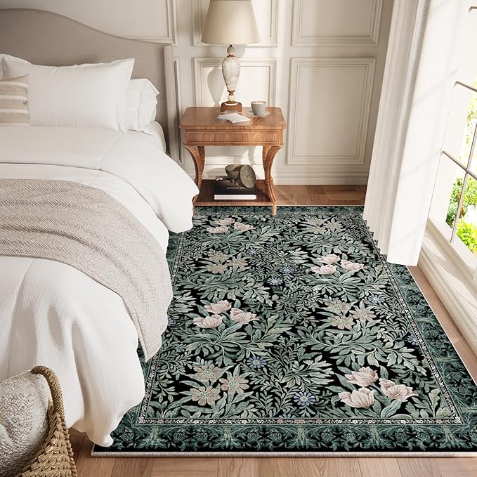 Washable Area Rugs 4x6 Black Green Vintage Floral Botanical Pattern,Perfect for Living Room, Bedroom, Kids Room, Nursery - Stain & Water Resistant Non-Slip, Pet & Child Friendly/Bedroom Decor