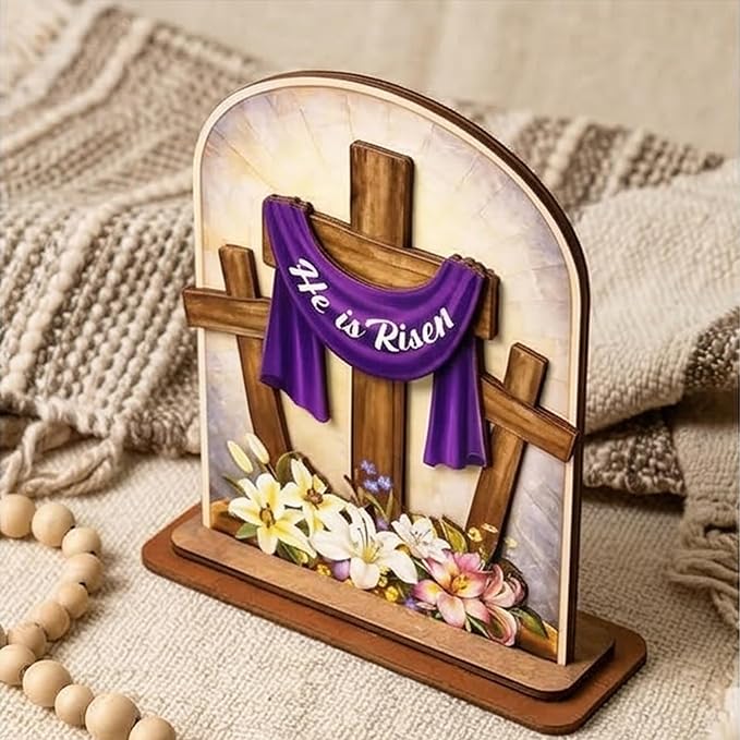 KATINAT He Is Risen Easter Decor Wooden Plaque – Christian Resurrection Cross Table Sign with Purple Cloth, Religious Easter Decoration for Home, Church, Christian Gift, Resurrection Sunday Decor