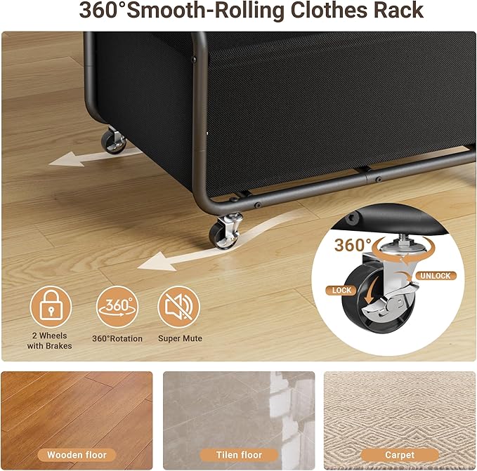 Dunatou Small Clothes Rack with Wheels & Bottom Basket – Heavy Duty Rolling Garment Rack for Small Spaces, Rolling Clothing Rack for Small Spaces, Bedroom, Laundry Room & Closet, 15.7" W, Black