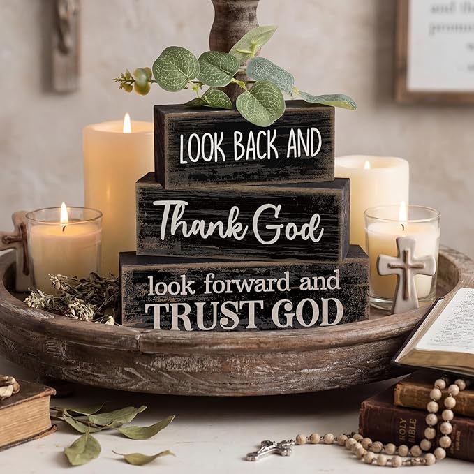 Lineshading 4 Pcs Christian Table Decor Inspirational Gifts for Women Look Back and Thank God Look Forward and Trust God Wooden Block Signs Farmhouse Christian Centerpiece for Mother's Day Home Office