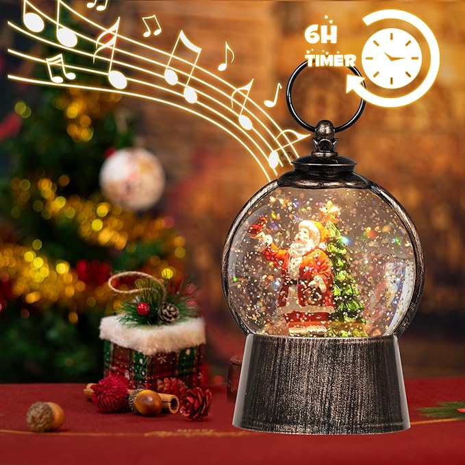 Santa Snow Globe Christmas Snow Globe Lantern with 6-Hour Timer, Light up Christmas Decorations Indoor, Glitter Musical Snow Globe, USB/Battery Powered Santa Claus Cardinal Christmas Tree