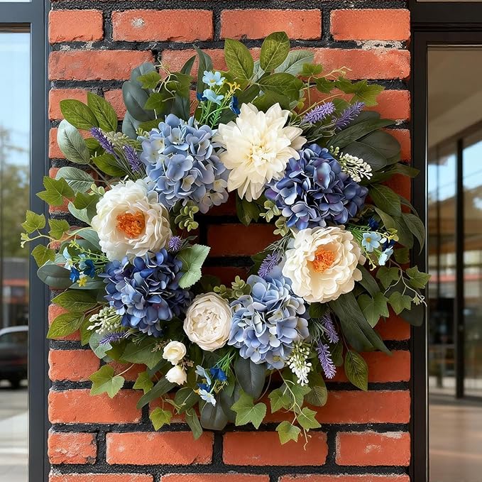24 Inch Spring Wreaths for Front Door, Spring Summer Door Wreath with Blue Hydrangea White Peony Flower Wreath for All Season Outside Indoor Outdoor Home Porch Wall Decor