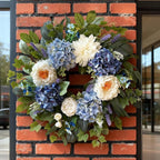 24 Inch Spring Wreaths for Front Door, Spring Summer Door Wreath with Blue Hydrangea White Peony Flower Wreath for All Season Outside Indoor Outdoor Home Porch Wall Decor