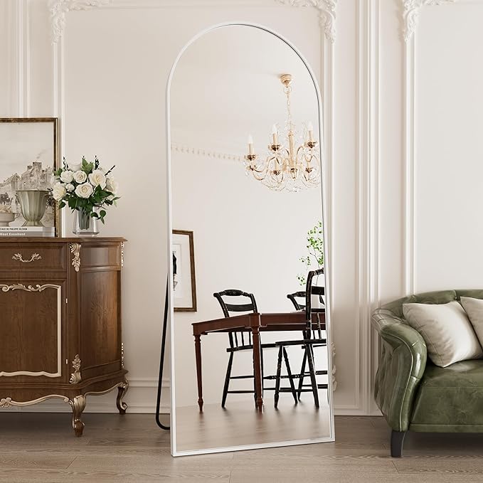 Prywot Full Length Mirror, 64"x21" Arched-Top Floor Mirror, Modern Full Body Mirrors with Stand, Wall Mirrors with Aluminum Alloy Frame for Bedroom,Living Room, White