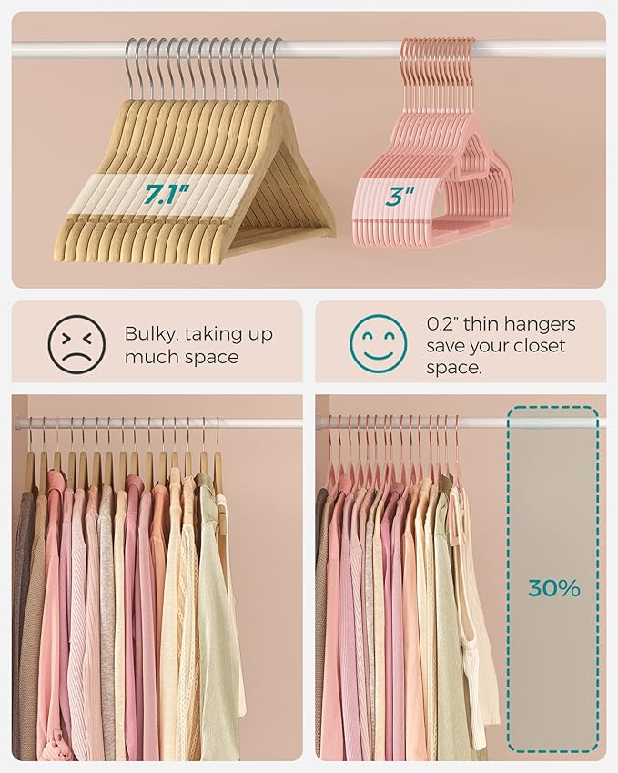 SONGMICS Pack of 50 Coat Hangers, Space-Saving Plastic Clothes Hangers, Non-Slip, 0.2 Inches Slim, 16.5 Inches Wide, 360° Swivel Rose Gold Hook, Light Pink UCRP20PK05