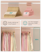 SONGMICS Pack of 50 Coat Hangers, Space-Saving Plastic Clothes Hangers, Non-Slip, 0.2 Inches Slim, 16.5 Inches Wide, 360° Swivel Rose Gold Hook, Light Pink UCRP20PK05