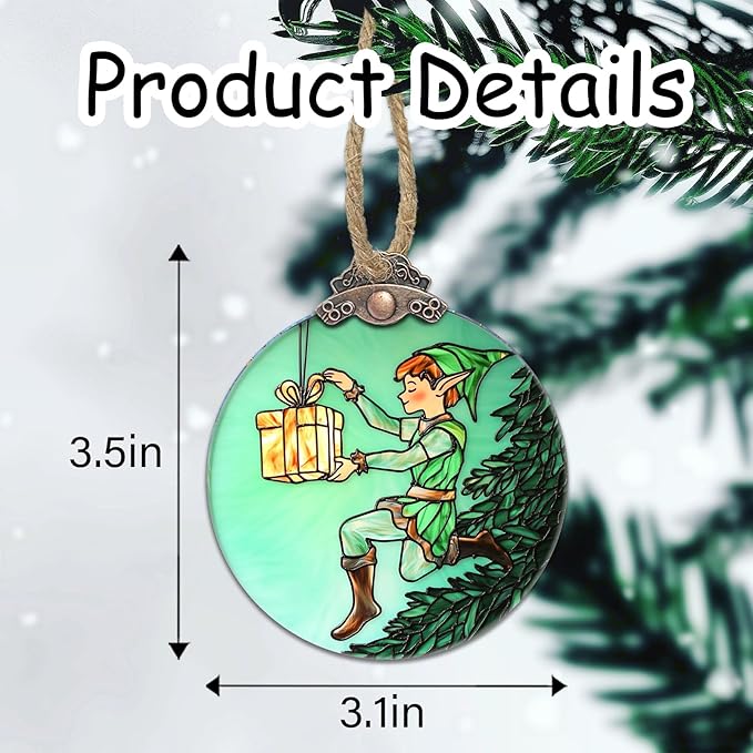 Stained Glass Christmas Decorations, Green Elf Prince Gift Suncatcher for Window Christmas Tree Hanging Ornaments Sun Catcher Xmas Decor Gifts for Women Men Mom Nana Friend Girl Boy