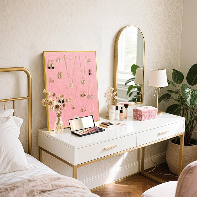 Linen Bulletin Board 24" x 18", Fabric Pin Board with Gold Aluminum Frame, Decorative Vision Board for Home Office, Bedroom & Dorm Wall Decor, Includes 10 Push Pins, Pink
