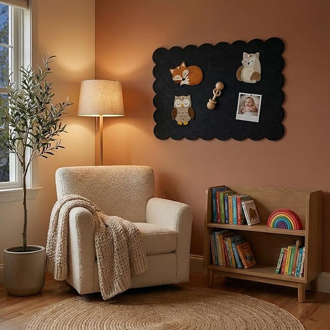 Scalloped Black Felt Bulletin Board 36x24 Inches - Self-Adhesive Foldable, with 30 Pushpins, Cork Board Alternative - Decorative Pin Board for Wall, Home, Office & School (Black, 36"x 24")