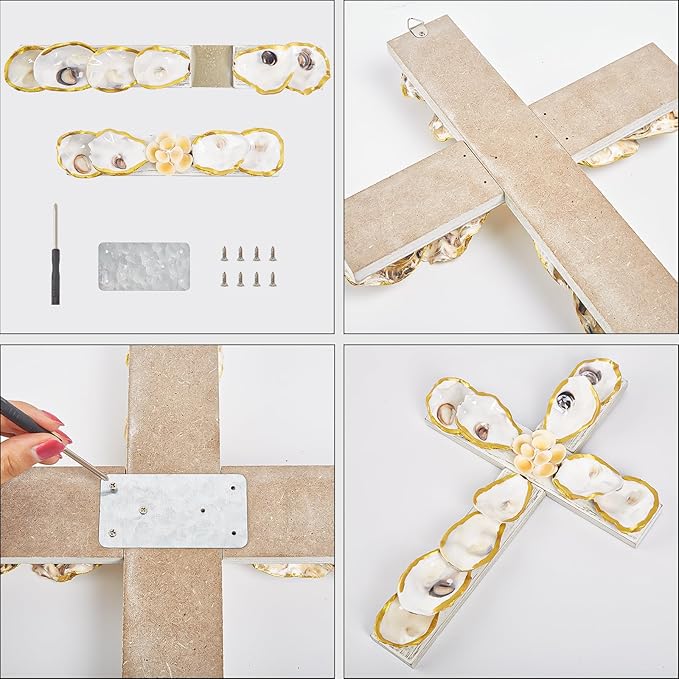 QEQEKAKA Cross Wall Decor - Handmade Oyster Shells Cross Wood Wall Decor for Christian Wall Art Decor Religious Gift Indoor Outdoor Home Decor