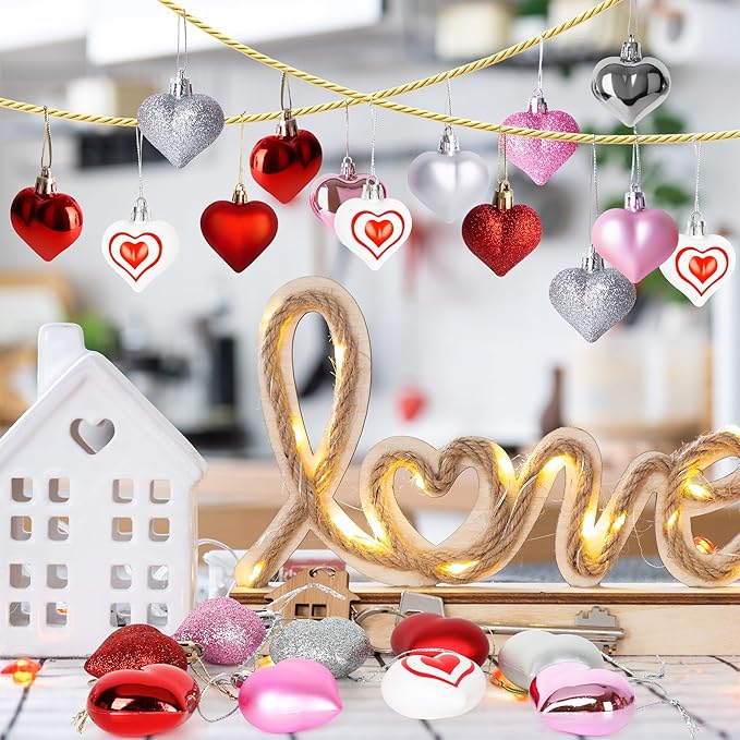 48PCS Heart Shaped Ornaments, Valentine Tree Decorations in 7 Kinds, 4 Colors Glitter Valentine Tree Ornaments, Heart Shaped Decorations for Valentines Wedding Party Hanging Decor