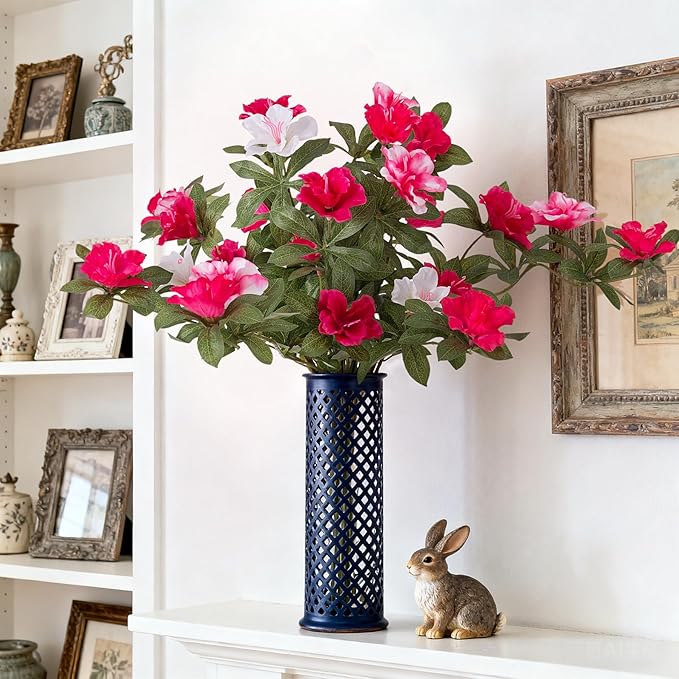 Artificial Fake Azalea Flowers for Outdoor Spring Decoration, Faux Silk Flower for Summer UV Resistant Look Real Plants for Garden Yard Porch Walkway Indoor Decor, 2PCS