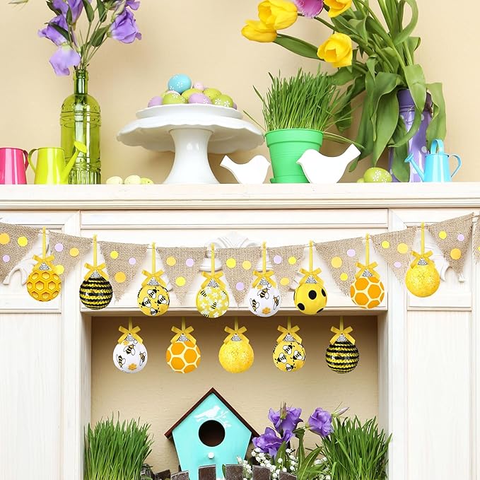Zeyune 16 Pcs Summer Tree Ornaments Bee Decoration for Small Tree 1.6 Inch Spring Hanging Sequin Balls Ornaments Glitter Hanging Honeycomb Balls Decor for Summer Holiday Party