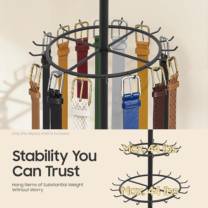 Floor Standing Belt Display, 66 Inch Tie Rack Belt Display Shelf with 31 Hooks, Adjustable Feet Belt Display Stand for Clothing Stores, Retail Stores (Black)