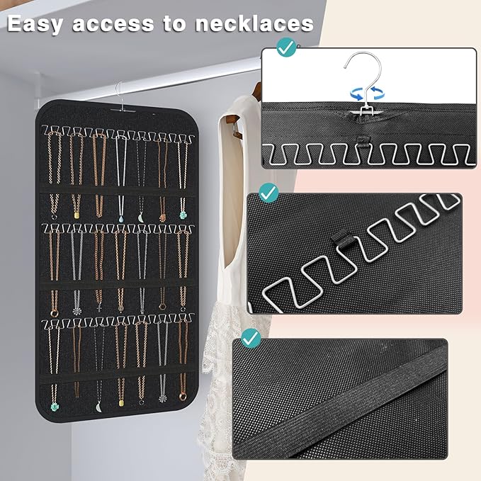 2-Pack Hanging Jewelry Organizer Storage, 40 Pockets 36 Hooks Necklace Earring Necklace Bracelet Ring Organizer, Double - Sided Design, Black
