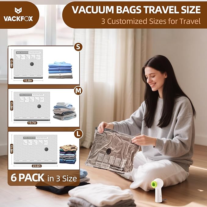 Vacuum Travel Bags with Rechargeable USB Pump,6 Pack Carry-On Size Vacuum Travel Bags for Luggage and Suitcase,Space Saver Compression Bags for Clothes and Clothing - with Electric Pump