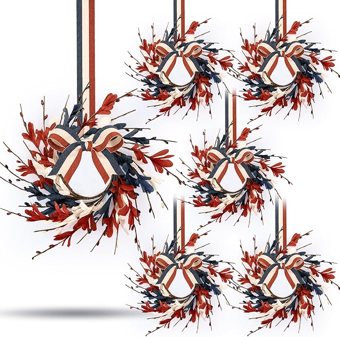 6 PCS Mini 4th of July Patriotic Kitchen Cabinet Wreaths Small Red White and Blue Floral Swag Wreath for Front Door with Forsythia Flowers Independence Day Hanging Wreaths for Memorial Day Porch Wall