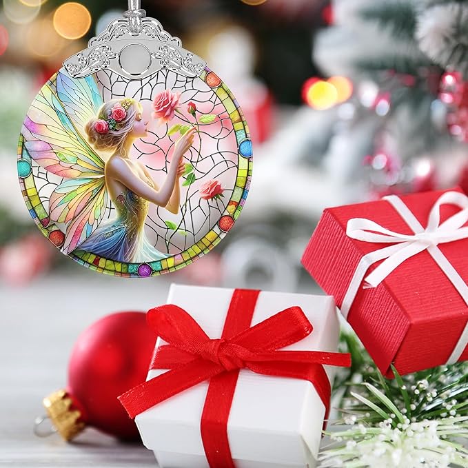 Jocidea Enchanting Fairy & Rose Stained Glass Hanging Decor - Christmas Tree Ornament - Gift for Women, Mom