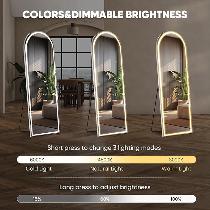 DUMOS Arched Full Length Mirror with Light, 20"x63" LED Floor Standing Mirror with 3 Color Lights & Wall Mounted for Bedroom, Dressing Room, Living Room, Bathroom