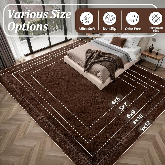 Fluffy Area Rugs 9x12 Living Room Bedroom: Ultra Soft Shag Rug Upgrade Non-Slip Non-Shedding Large Fuzzy Plush Carpet Indoor Floor Carpets for Kids Room Playroom Nursery Dorms Home Decor Brown