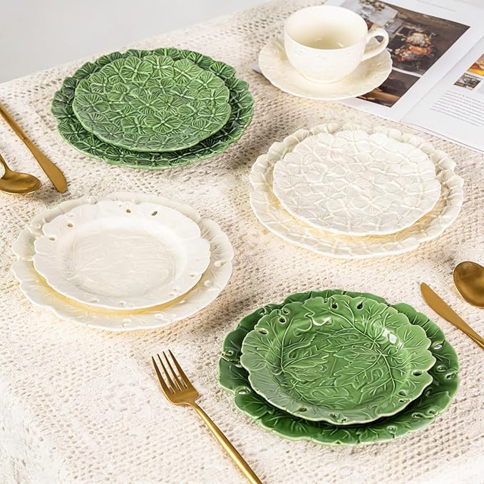 KAMMAK Ceramic Decorative Plate Set of 2, Porcelain Plates for Kitchen Dining Room Wine Cabinet Home Decor, Vintage Collector Plates with 2 Display Stand, Cream-yellow flowers (8-inch + 10-inch)