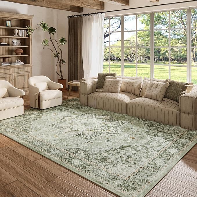5×7 Machine Washable Rug for Living Room, Boho Vintage 5×7 Area Rug，Distressed Accent Low Pile Ultra Soft Large Carpet for Bedroom Bathroom Dining Room, Floral/Green