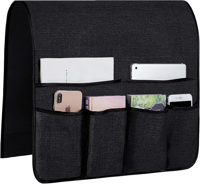 Sofa Armrest Organizer Non-Slip Arm Chair Hanging Caddy Remote Control Holder for Magazine,Tablet, Phone, Books, Glasses (B-Black(19'')